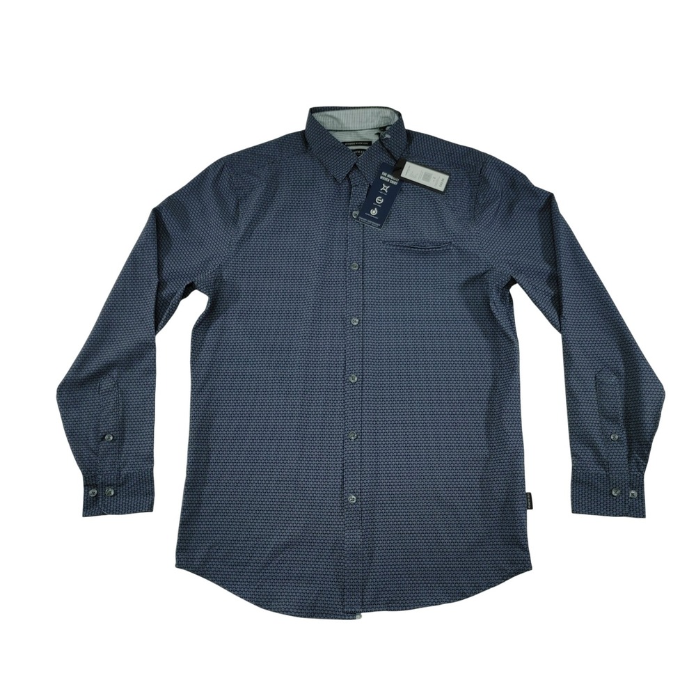 Kenneth Cole Mens Button Down Shirt S‎ Navy Geometric Polyester Slim New